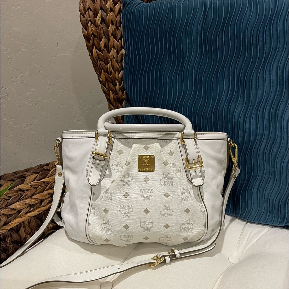 MCM White Logo Tote with Gold Hardware